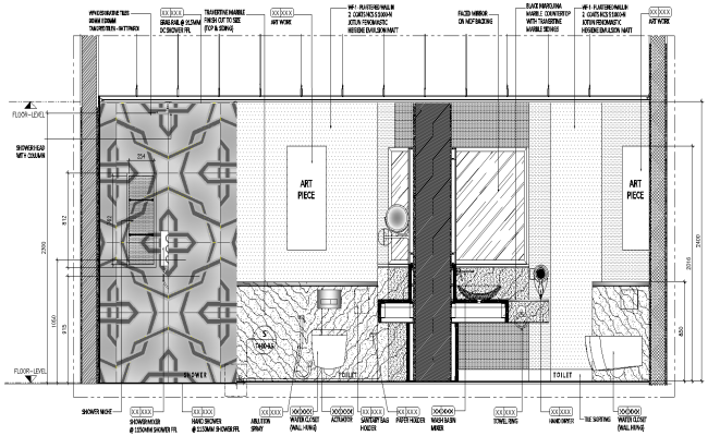 Elevation of Bath and Toilet for Wall finishes and tiles detailing DWG AutoCAD file