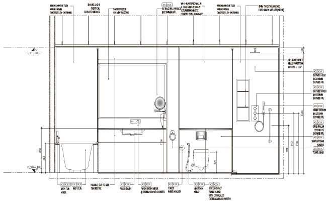 Elevation of bathroom with detail of each sanitary block DWG AutoCAD drawing