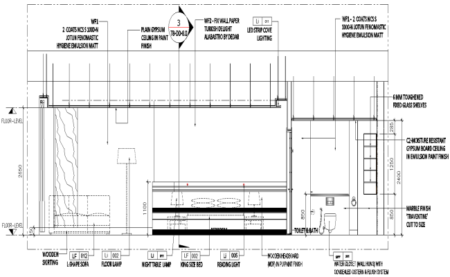 Elevation of room with detail of wall finishes and interior detail DWG AutoCAD file