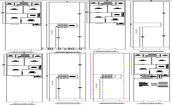30x90 House Plans with 3 and 4 Layout Options in DWG File