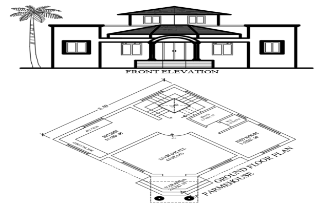 Farmhouse floor plan with front elevation in AutoCAD File