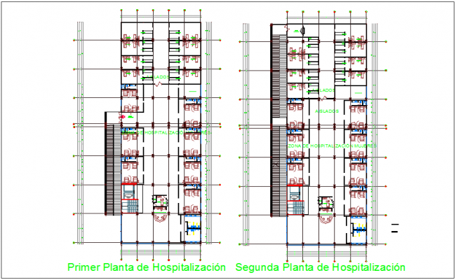 Elevation and different axis section view for clinic building dwg file