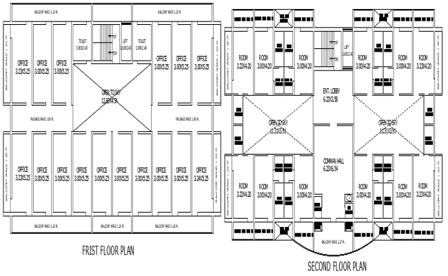 First Floor Office Plan Design and Second Floor Room Plan AutoCAD DWG File