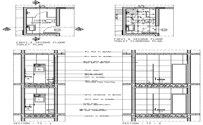 First and second floor toilet plan and section detail DWG AutoCAD drawing