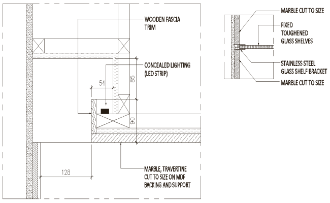 Fixed toughened glass shelves installation section detail of bathroom DWG AutoCAD drawing