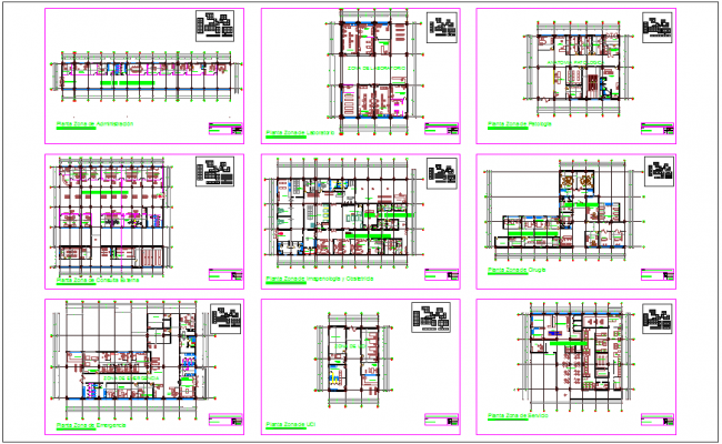Elevation and different axis section view for clinic building dwg file