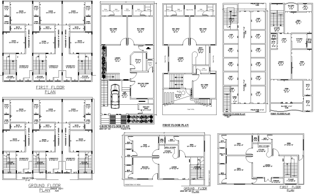 Four House 30ft-60ft Residential Plan Designs DWG File