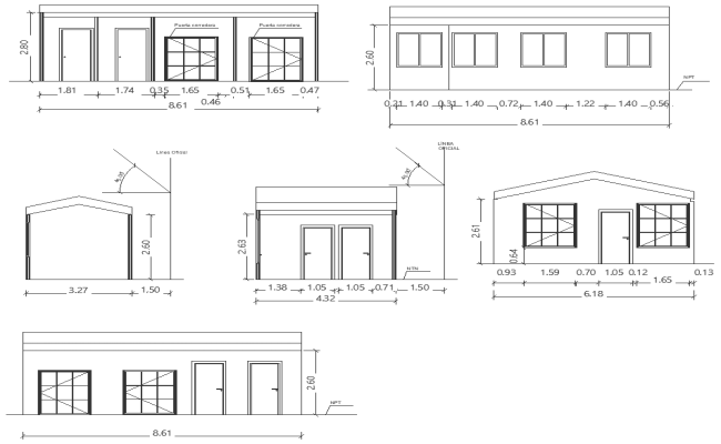 Front and rear elevation of house with door and window detailing DWG AutoCAD file