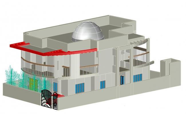 Modern G plus 1 House 3D Front Elevation Design in AutoCAD DWG File