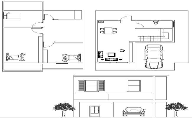 G+1 House Plan and Elevation with parking Detail DWG AutoCAD File