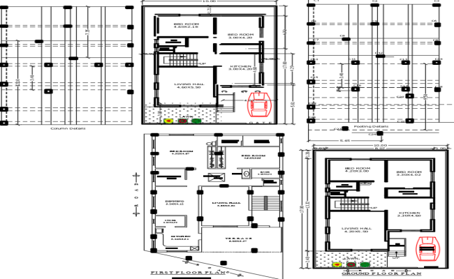 Ground plus 1 Floor Plan with Column Footing in DWG File