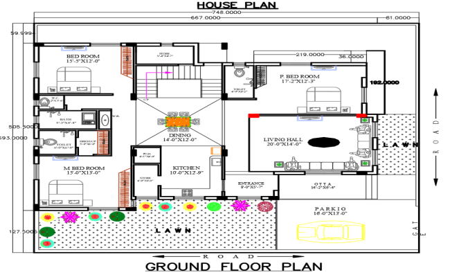 Modern Ground Floor Home Plan with Lawn and Parking DWG File