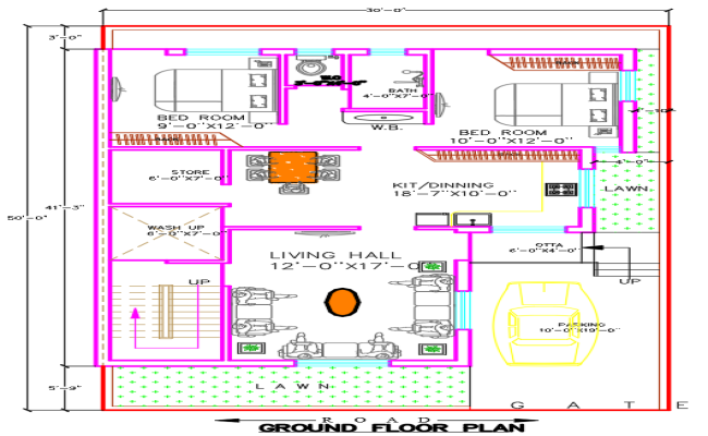 Modern 2-Bedroom House Plan For Lawn and Parking in DWG File