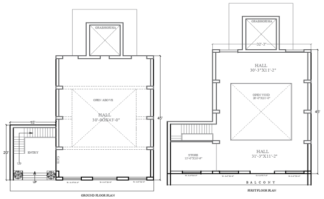 Ground and First Floor Temple Hall Layout Design AutoCAD DWG File