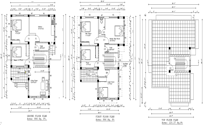 Ground to top floor house plan layout in DWG format