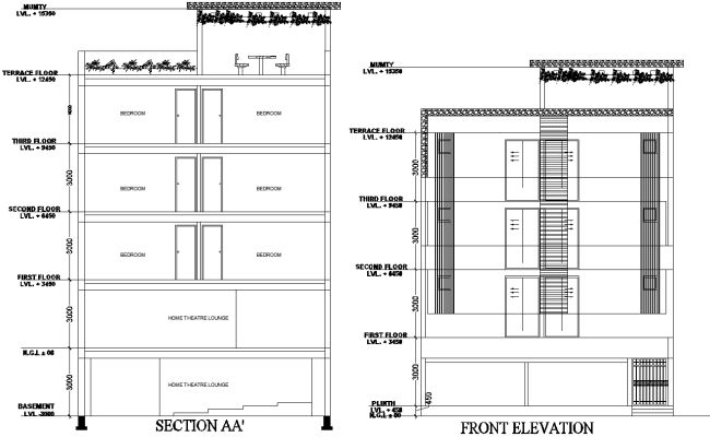 Hotel Front Elevation and Section Detail DWG AutoCAD file