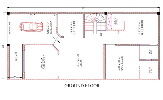 Detailed 22'X50' House Ground Floor Plan with architecture file