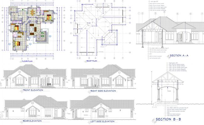 House plan with detailed dimensions, sections elevations and 3D