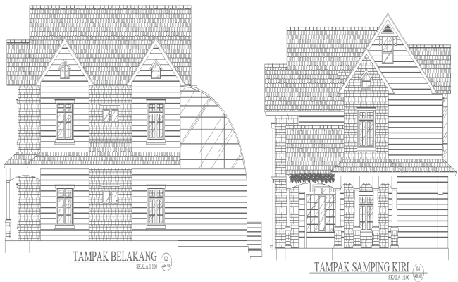 House Elevation Back and Left Side View in DWG Format