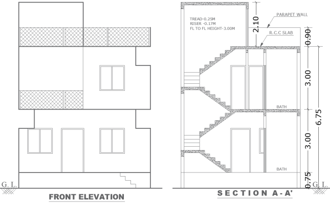 House Elevation with Stair Layout in DWG Design File