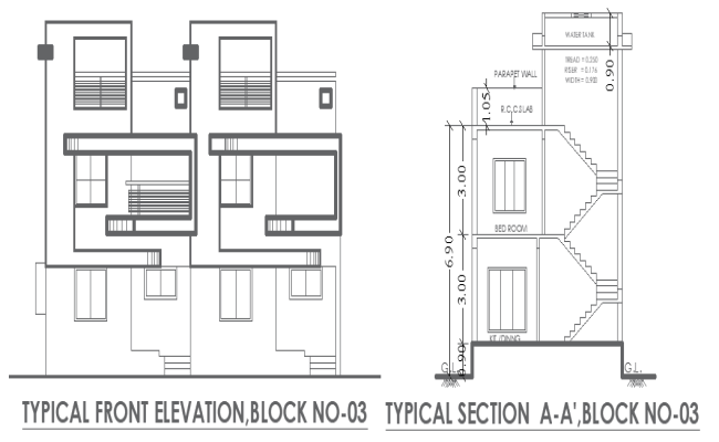 AutoCAD House Elevation and Staircase Section Drawing