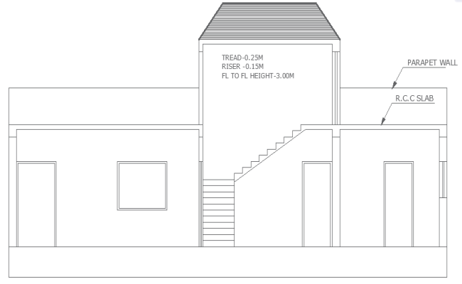 House Elevation and Staircase Section Layout Plan Details