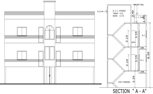 House front elevation and staircase layout in DWG file