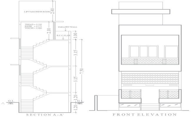 House front elevation and staircase section in DWG file