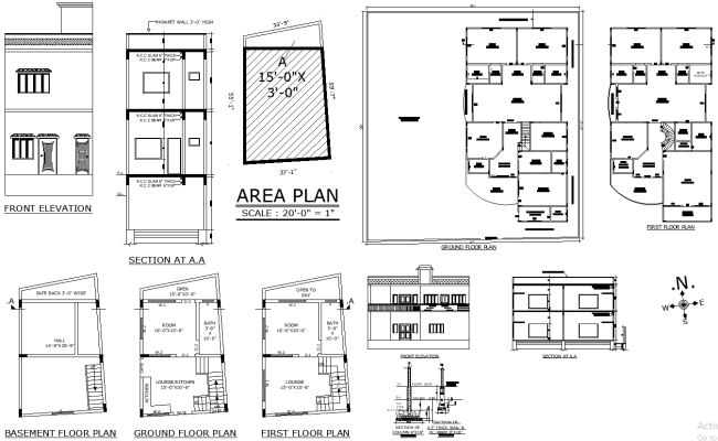 DWG house plan with basement and column layout design