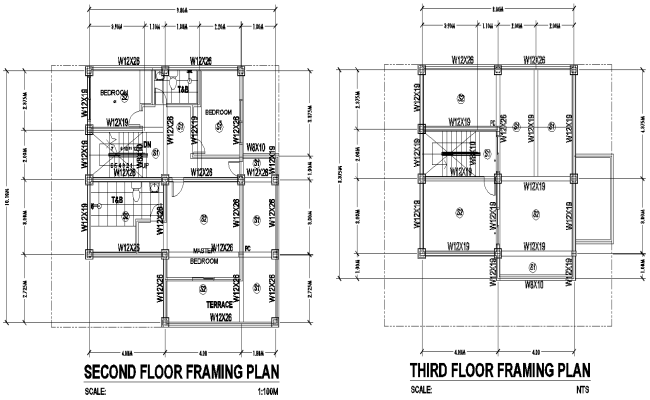 DWG house framing layout for the second and third level