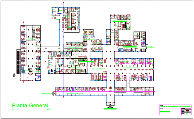 Elevation and different axis section view for clinic building dwg file