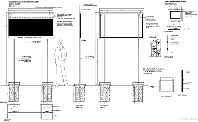 Installations Signage Safety Plate with Top, Back, and Side View Details AutoCAD DWG File
