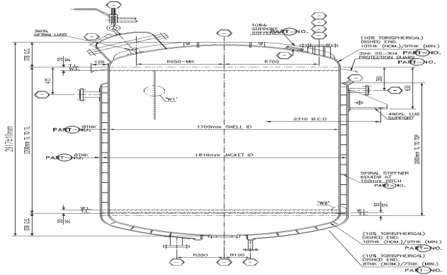 Lifting lugs and dished end details with jacket id and shell id dwg autocad drawing 
