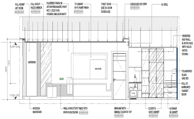 Living room section detail with material specification DWG AutoCAD drawing