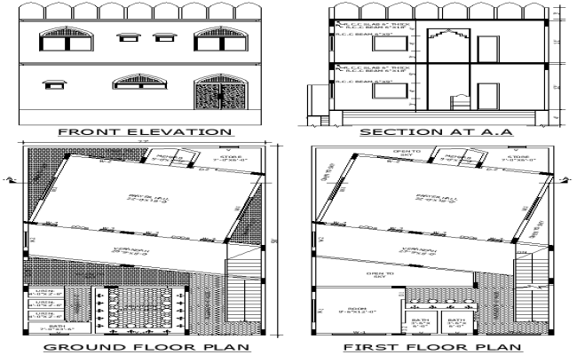 Masjid Ground and First Floor Details AutoCAD DWG Download