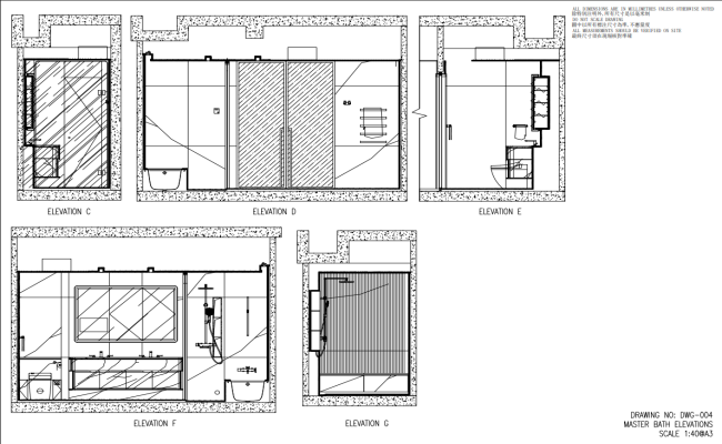 Master bath elevation at scale 1 to 40 in CAD file layout