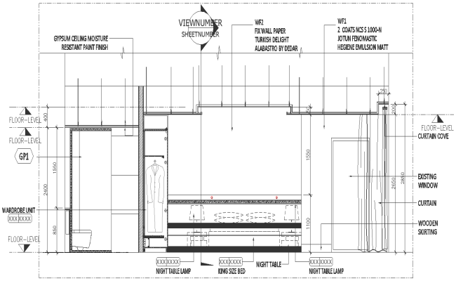 Master bed room design with gypsum ceiling and fix wallpaper detail DWG AutoCAD drawing