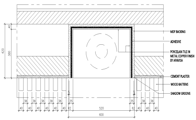 Mdf backing details with cement plaster , wood battens and shadow groove dwg autocad drawing .