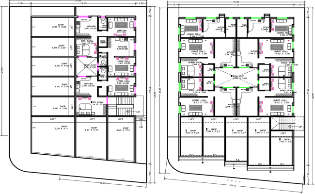 Mixed Use Flats and Shops building Layout in AutoCAD File