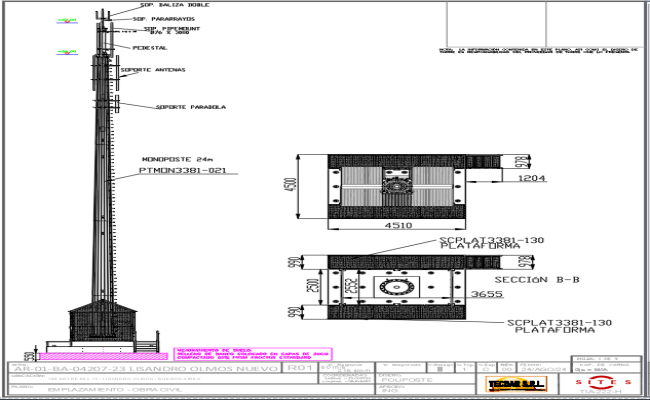 Mobile Tower Installation plan with Elevation and Sections in DWG File