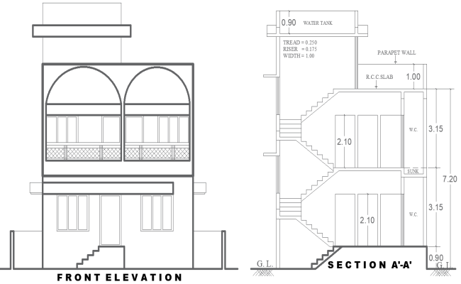 Modern 2 Story House Plan with Elevation & Section DWG File