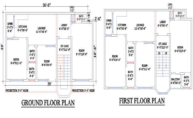 36x19 Residential House Plan with 2 Floors in DWG Format