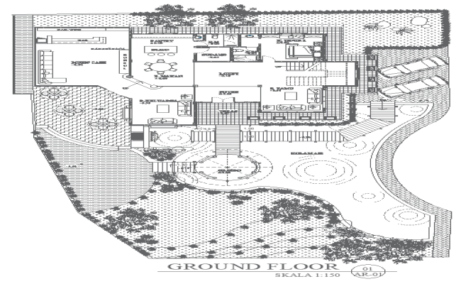 Modern Bungalow Ground Floor Plan with Detailed Landscape Layout AutoCAD DWG
