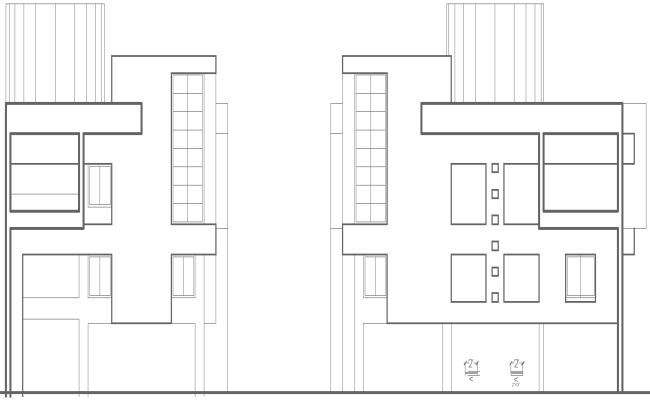 Modern house front elevation layout in AutoCAD DWG file