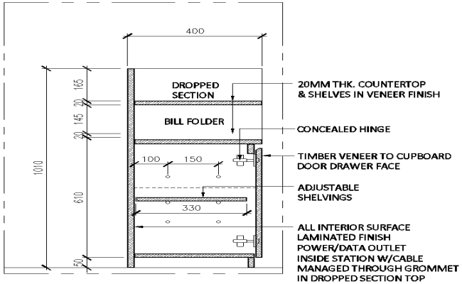 Modern Kitchen Cabinet Section DWG with Dimensions and Specifications