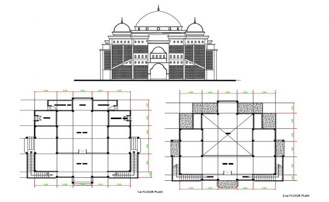 Mosque Plan And Front Elevation Design DWG File