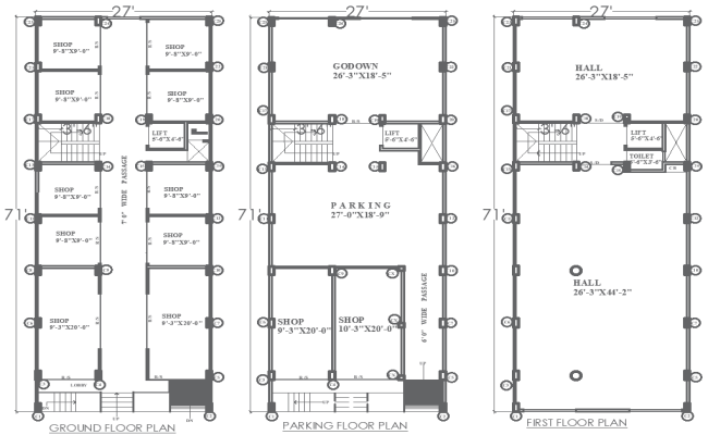 Multi-Level Building Floor Plan with Shops & Parking DWG File