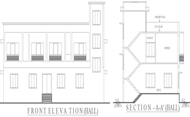  Multi-purpose Hall Elevation and Section Plan AutoCAD DWG File