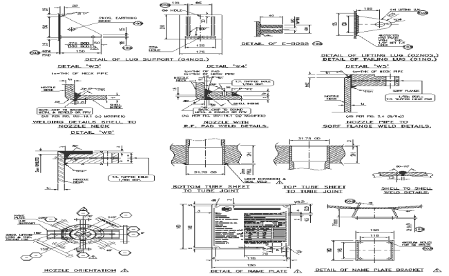 Nozzle orientation section and detail of lug support DWG AutoCAD file