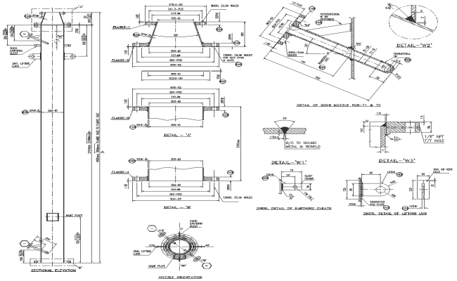 Nozzle orientation with detail section and elevation with detail of earthing cleats and lifting lugs DWG AutoCAD file